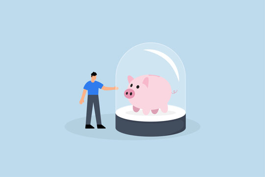 Protect money from inflation, investor stand with rich piggy bank under strongly protected glass dome.