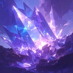 Luminous crystal formation bursts from rock with striking blue and violet hues, set against a cloudy purple sky