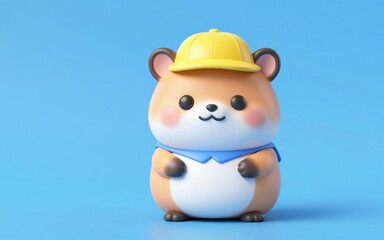 Chubby Little Hamster Character Wearing a Yellow School Hat and Blue Scarf on Blue Background
