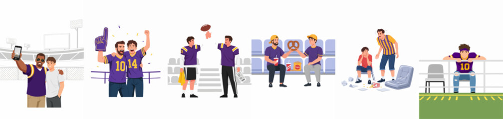 A collection of diverse moments depicting the emotions, celebrations, and interactions of American football fans and participants at a stadium event. © Nurdayatt
