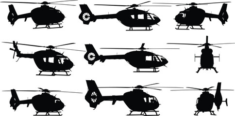 Helicopter silhouette set from different angles, aviation transport vector collection, emergency rescue chopper icons, military aircraft silhouettes, aerial flight vehicle engineering design, © Creative Mind