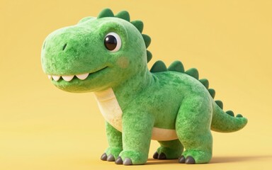 Fototapeta premium Adorable green dinosaur plushie with soft spikes and big eyes over a vibrant yellow backdrop.