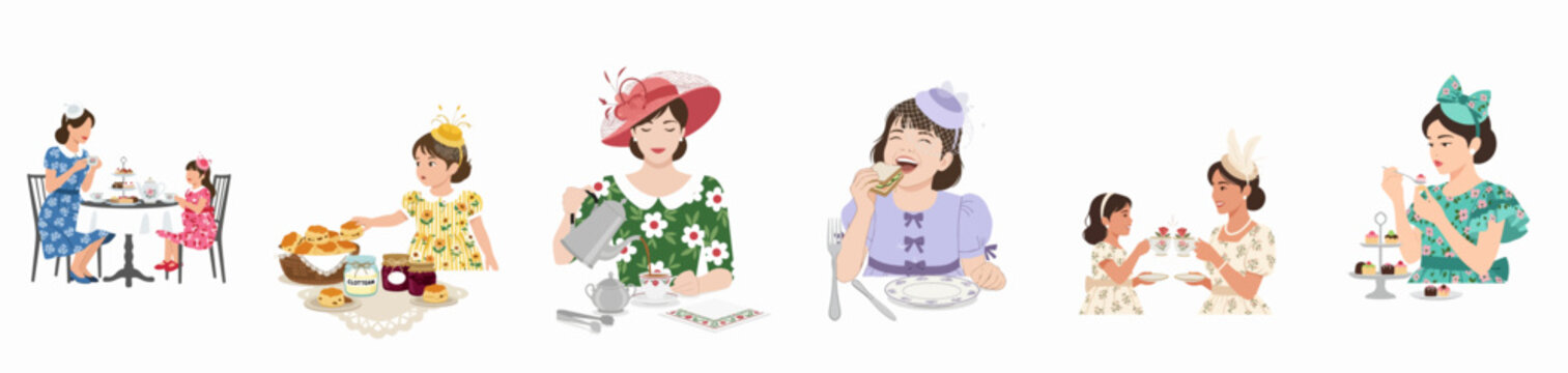 Elegant ladies and girls enjoying a vintage afternoon tea party set, featuring traditional food, fancy hats, and beautiful dresses.