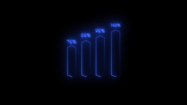 Glowing red neon vertical progress bars showing percentage levels from 70% to 100%. Futuristic HUD style loading and data visualization animation, perfect for technology, UI, cyberpunk, and digital .