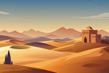 Desert landscape with sand dunes and ancient building 1