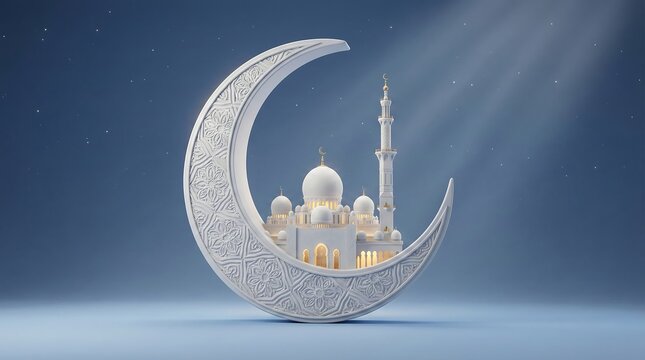 3D Render of Mosque Inside White Crescent Moon under Starry Night Sky. Islamic Background with Light Rays for Ramadan and Eid Mubarak.