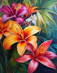 Vibrant tropical flowers in shades of orange, pink, and red surrounded by lush green leaves.