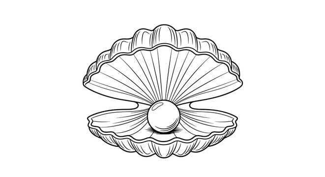 Detailed line-art illustration of an open clam shell with a precious pearl inside captures the classic beauty of treasures found in the deep ocean.