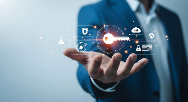 Business security technology concept with digital key enabling secure cloud access user authentication data protection interface