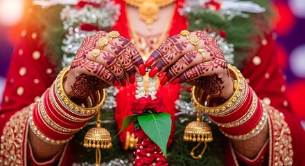 Indian Bride's Hands with Henna and Gold Jewelry, Wedding Ceremony Detail