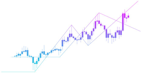 Cyan to purple gradient candlestick trading chart with trend channel and breakout lines isolated on transparent background
