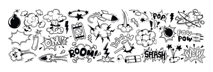 Obraz premium Comic Pop Art Explosion Overlay Collection with Dynamic Bursts, Smoke Clouds, Lightning Bolts, Rockets, Stars, and Onomatopoeic Words in Black and White