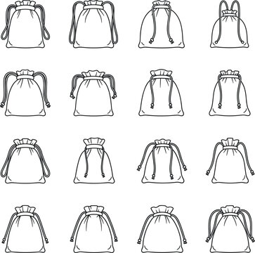Set of drawstring bag and fabric pouch line icons for eco friendly packaging retail shopping and jewelry storage isolated on white background flat vector illustration.