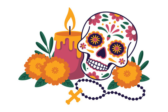 Vibrant sugar skull adorned with flowers and candle for Day of the Dead celebration