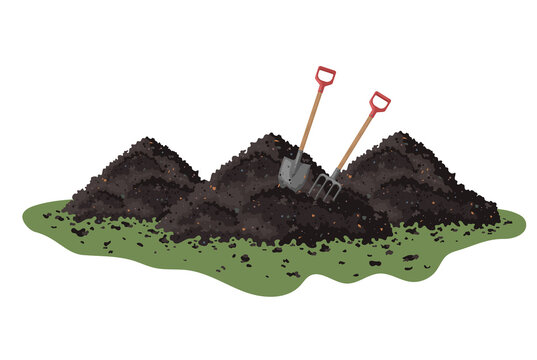 Fertile Ground: A picturesque depiction of garden soil heaps, with essential tools nestled, embodying the essence of cultivation and growth.