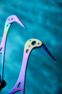Ice fifi hook for climbing closeup on the glacier wall