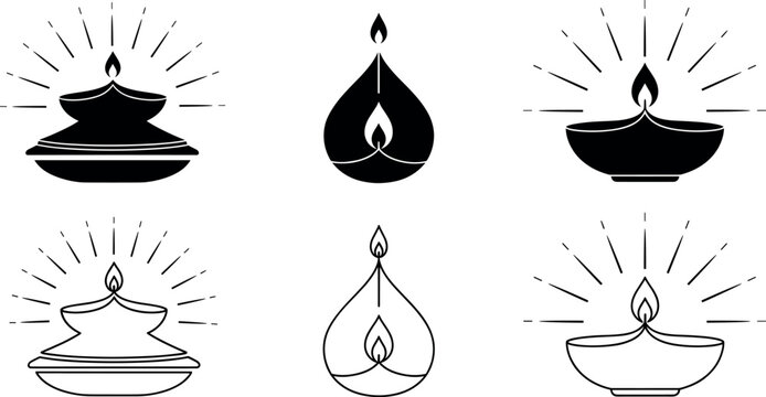 Set of decorative oil lamp and flame icons in filled and outline styles with radiant glow lines