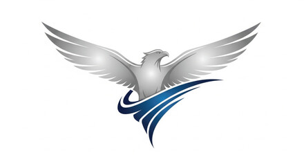 Obraz premium Powerful silver eagle logo vector illustration featuring a metallic bird with spread wings rising from an abstract blue swoosh. This glossy design symbolizes vision, speed, and leadership. 