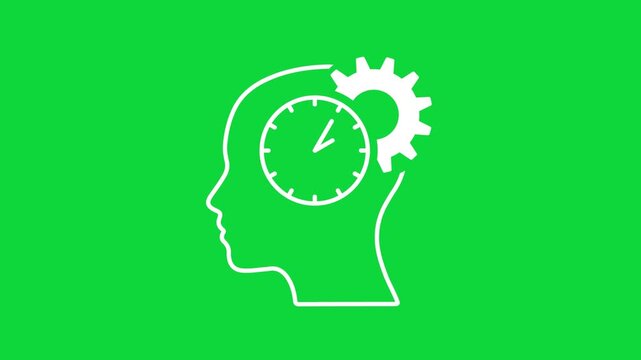 Time management thinking process animation with head, clock and gear