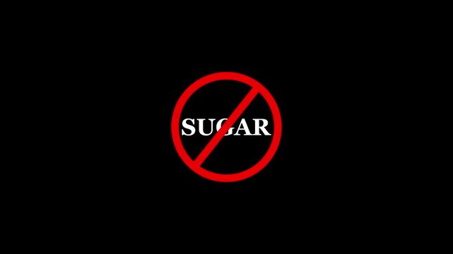 Sugar prohibition sign animation, black background. Caution warning symbol, warning, error sign, safety protection. Text looping animation. 4K video motion graphic.