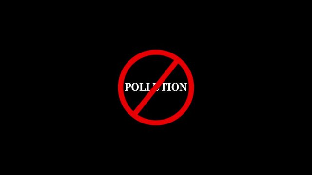 Pollution prohibition sign animation, black background. Caution warning symbol, alert, error sign, security protection. Pollution text looping animation.  4K Video motion graphic. 