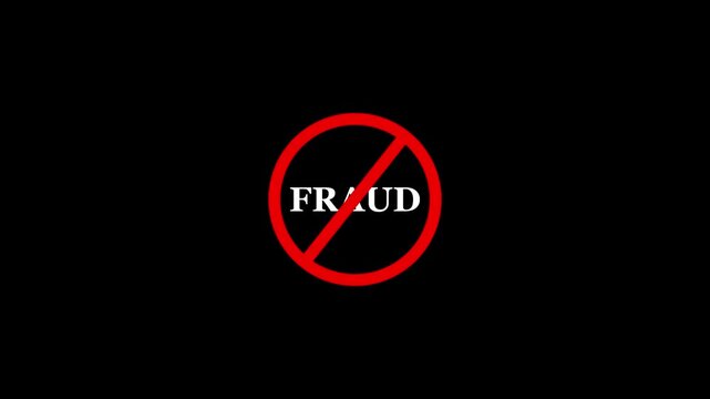 Fraud  prohibition sign animation, black background. Caution warning symbol, alert, error sign, security protection. Fraud text looping animation.  4K Video motion graphic. 