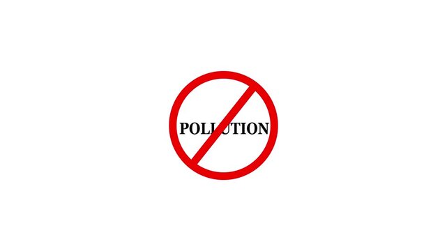 Pollution prohibition sign animation, white background. Caution warning symbol, alert, error sign, security protection. Pollution text looping animation.  4K Video motion graphic. 