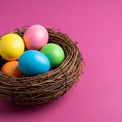 Fototapeta premium Brightly colored Easter eggs arranged in a rustic twig nest on a vivid pink background, perfect for spring celebrations.