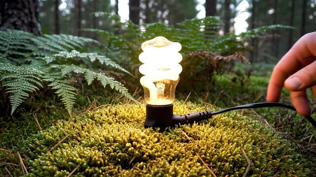 A hand plugs in a light bulb on a mossy forest floor
