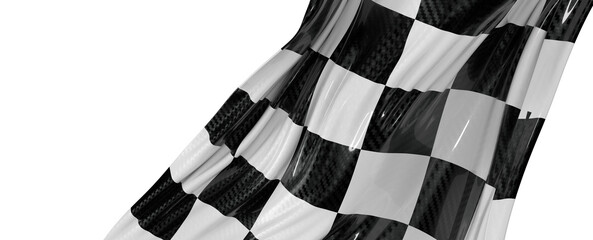 Black and white checkered racing flag billowing in the wind against a white backdrop. Symbol of...