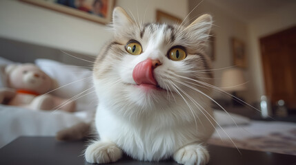 Portrait of a playful tabby and white cat looking up and sticking its tongue out