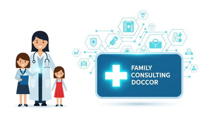 Family Healthcare: A caring female doctor stands with two children, symbolizing family well-being and professional consultation. This image highlights the trust and care involved in healthcare. © Abu