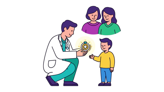 Healing in the Doctor's Care: a caring doctor presents a healthy patient with a shining heart symbol, with parents looking on.