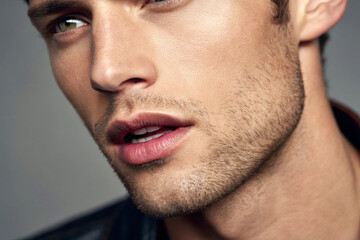 Obraz premium Close-up of a man's lips. Beautiful skin. Lipstick. Makeup. Cosmetics. Skincare. Men's cosmetics.