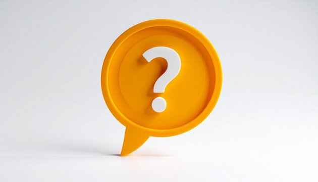 "3D yellow speech bubble with white question mark inside, circular shape and pointed tail, symbolizing inquiry and dialogue."