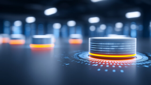 Futuristic edge computing nodes in a data center environment, representing distributed processing and IoT infrastructure.

