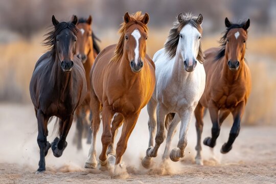 Herd of Horses Running in Dusty Field