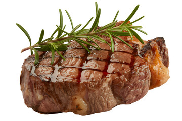 A beautifully grilled steak with rosemary garnish on a black background