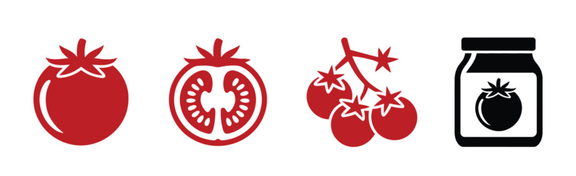 Vector illustration featuring a complete tomato collection including whole fruits, tomato slices, vine tomatoes, and a jar of sauce icon for food design projects.