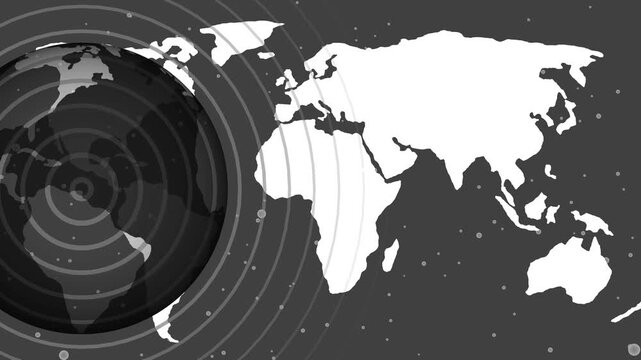 Stylized world map with seismic waves background animation