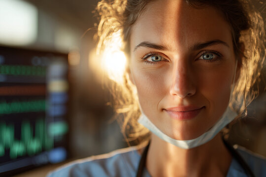  Half-lit doctor portrait with sunlight and tech glow, emotional and modern tribute.
