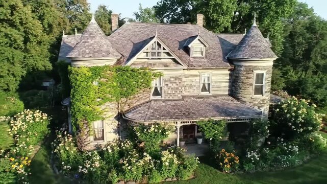Stone house with turrets and climbing plants against a green landscape
