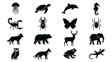 Fototapeta premium A diverse set of sixteen black animal silhouettes featuring wildlife from oceans forests and deserts suitable for logos icons