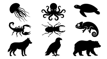 Naklejka premium A diverse set of black animal silhouettes including jellyfish octopus turtle scorpion beetle chameleon wolf eagle and bear icons