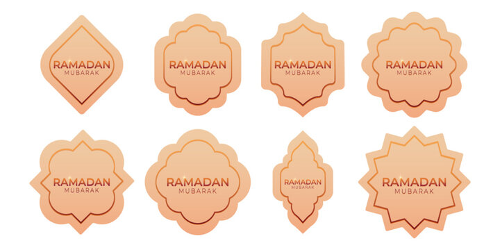 Set of Ramadan Mubarak labeles with various islamic geometric shapes in warm beige tones. Collection stickers and tags for holy month. Vector illustration isolated on transparent background.