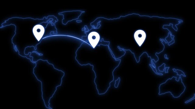 Stylized world map with flight path and location markers animation