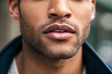 Fototapeta premium Close-up of a man's lips. Beautiful skin. Lipstick. Makeup. Cosmetics. Skincare. Men's cosmetics.