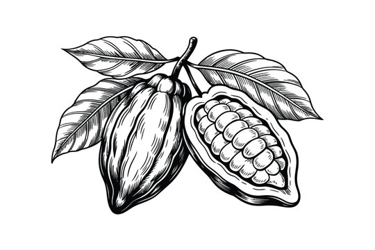 Detailed illustration of ripe cocoa pods with leaves, one pod split open revealing seeds.