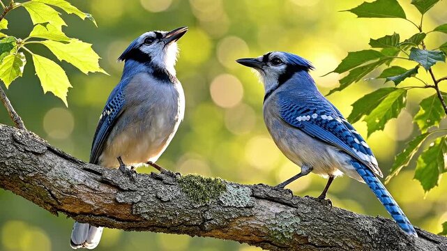 Two Birds Blue Jays Perched on a Tree Branch in the Sunlight, Enjoying Their Surroundings