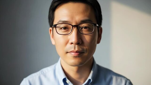 Close-up portrait of a man wearing glasses and a light blue collared shirt